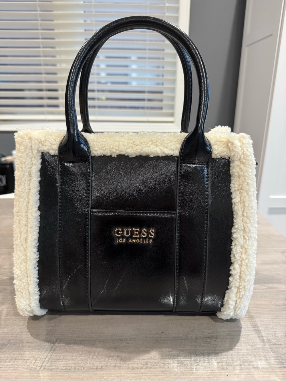 GUESS Black Faux-Leather Tote with Cream Sherpa Trim